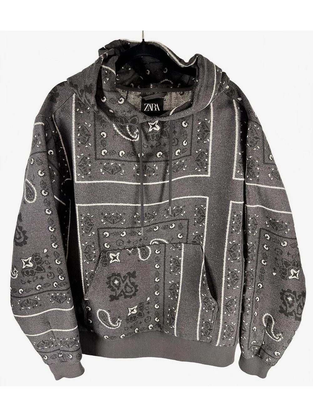 Zara Man Bandana Paisley Jacquard Woven Hoodie Sweater Black Grey Streetwear L